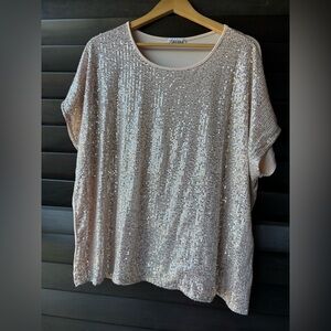 Lavish Women's 2X Champagne Sequins Short Sleeve Blouse